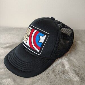 Vintage CAPTAIN AMERICA Hat Snapback Adjustable Black Trucker Typo Graphic